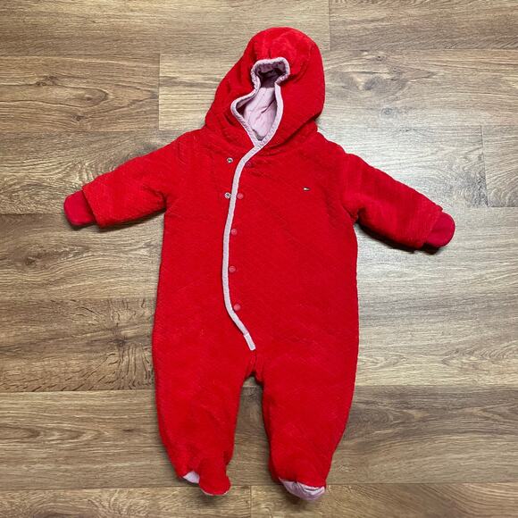 Tommy Hilfiger Baby Snow Suit Red White Striped Size 6-12M Months Quilted - Picture 1 of 6